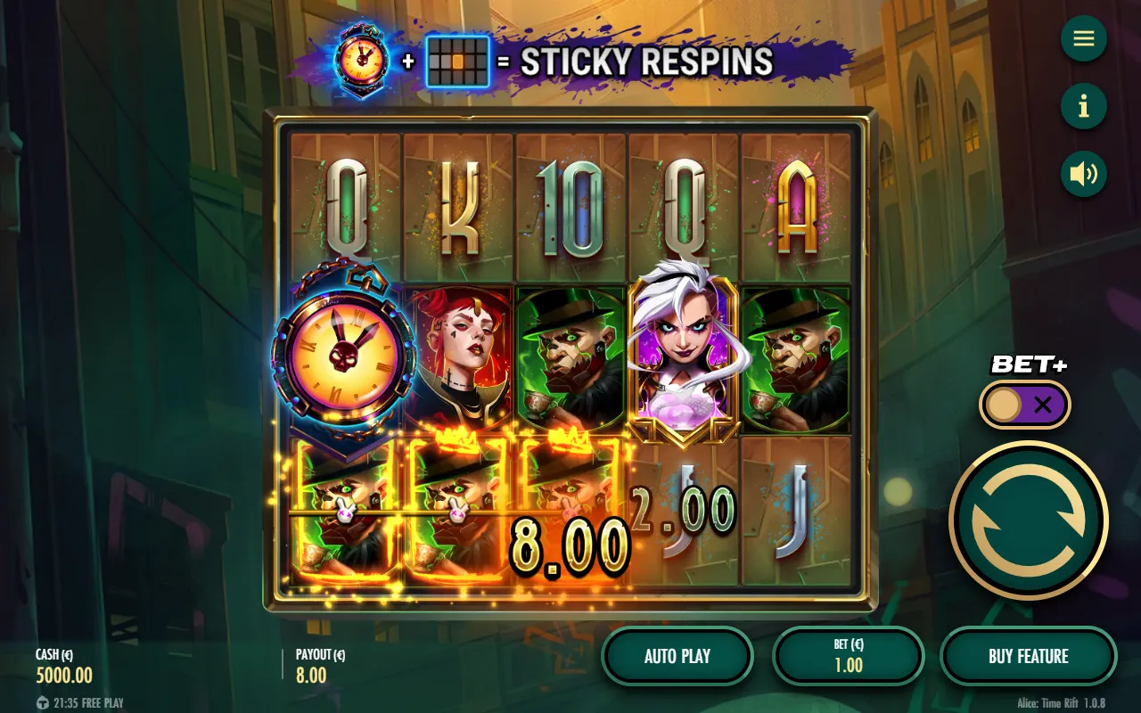 Alice Time Rift Sticky Respins: a Time Rift on reel one locked next to top-hat men, an 8x total