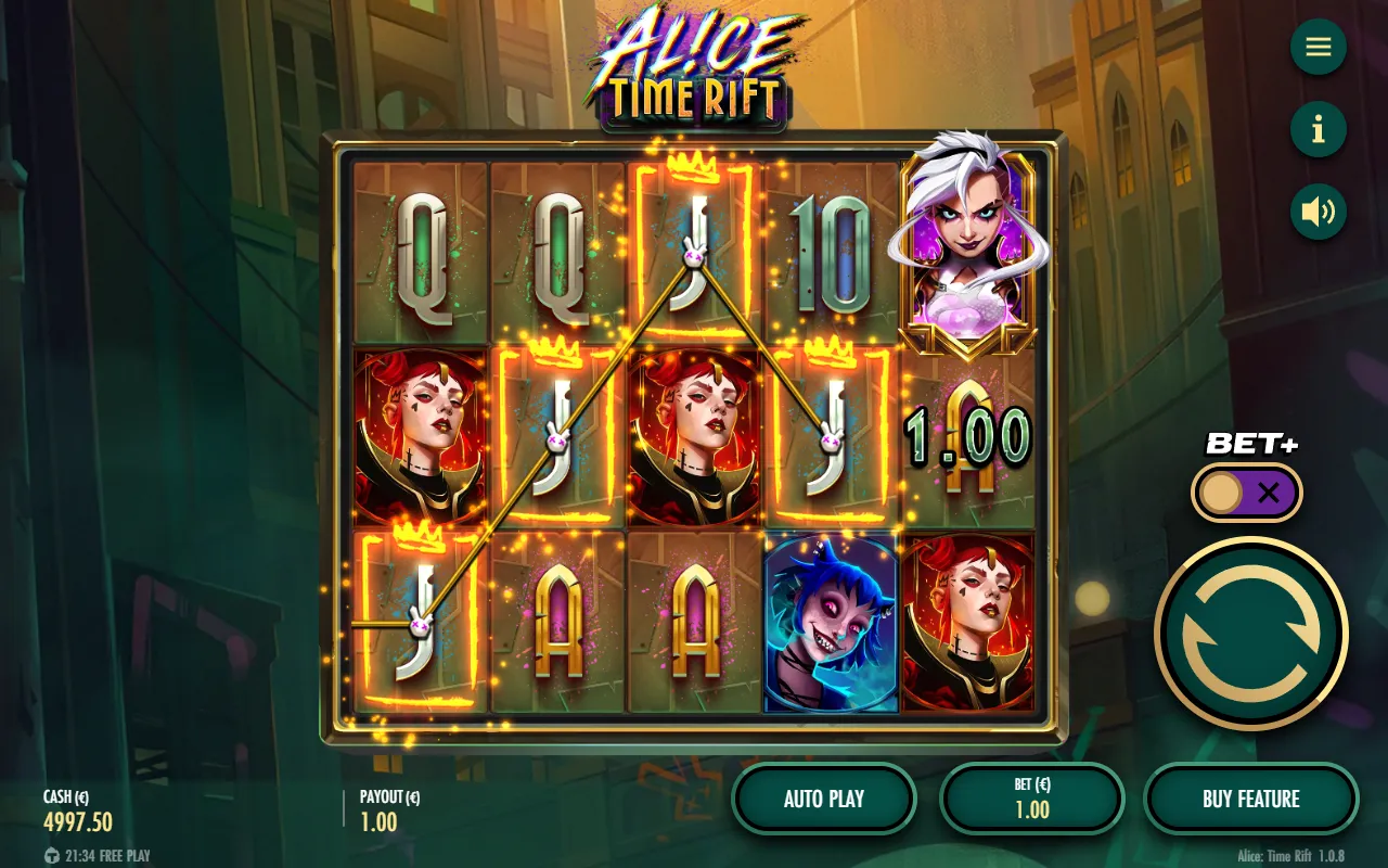 Alice Time Rift base game: four J symbols on a V-shaped line paying 1x the bet