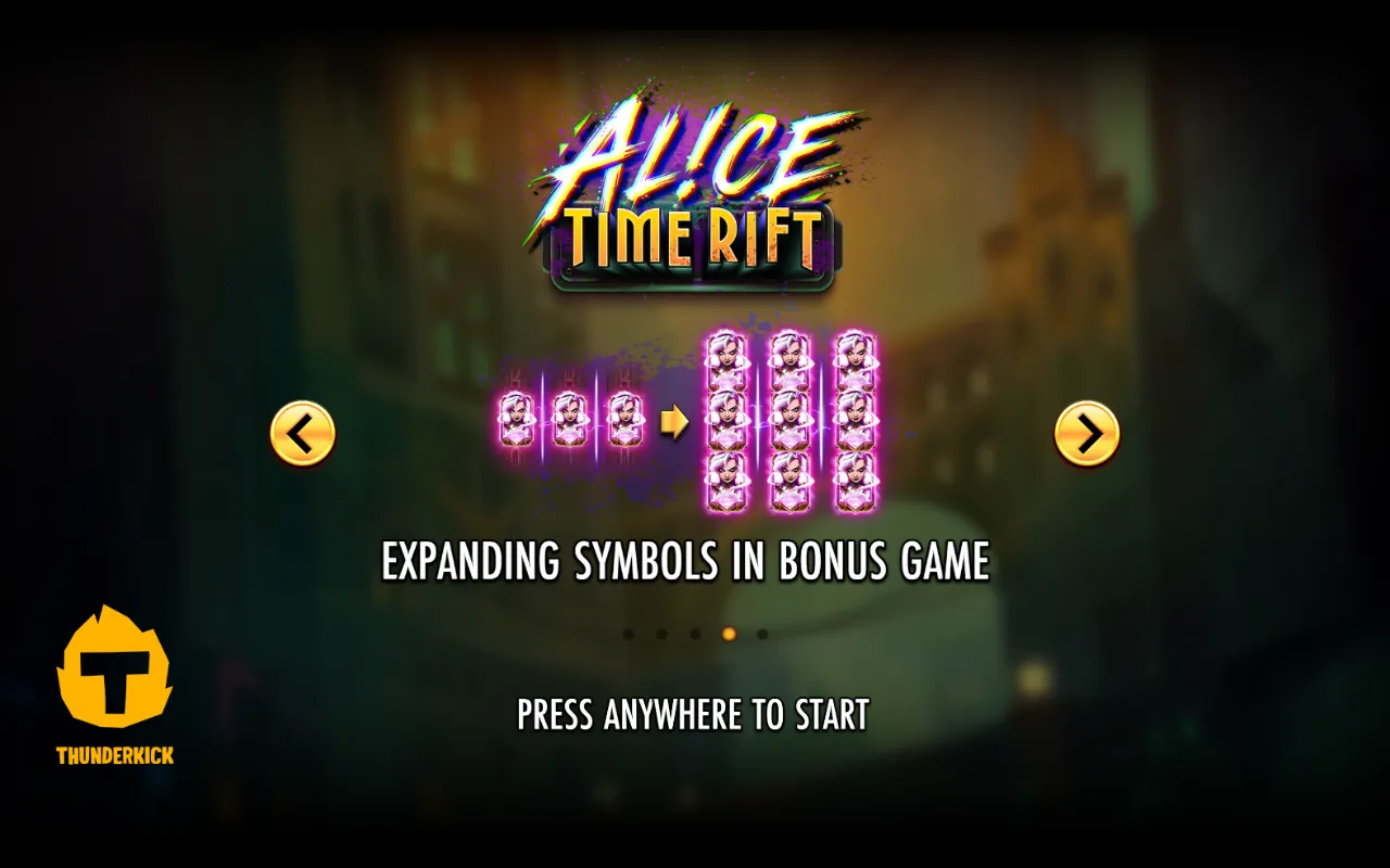 Alice Time Rift intro screen showing Alice symbols expanding to fill three reels in the Bonus Game