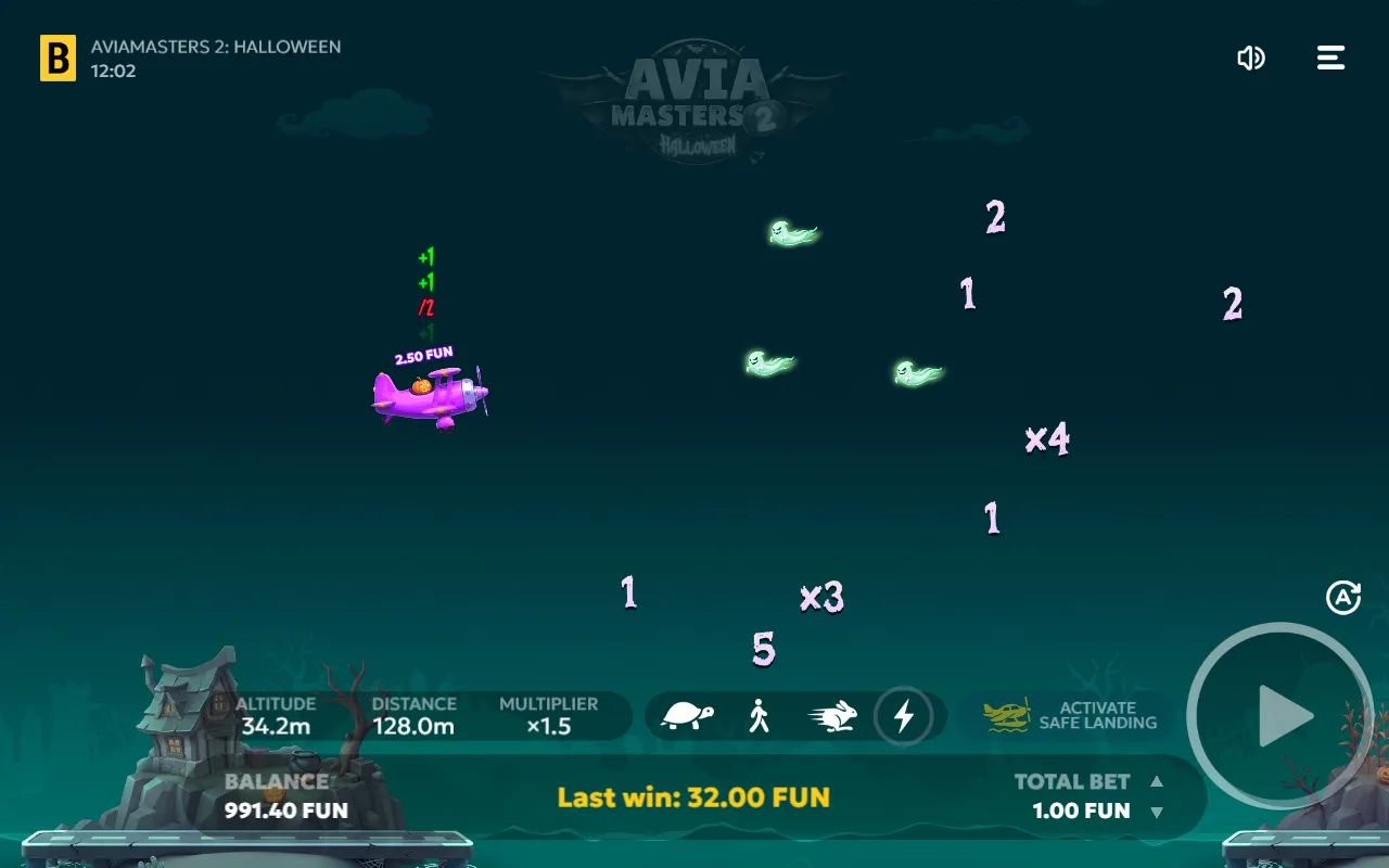 Purple seaplane mid-flight with a red /2 among its pick-ups and the multiplier reading x1.5