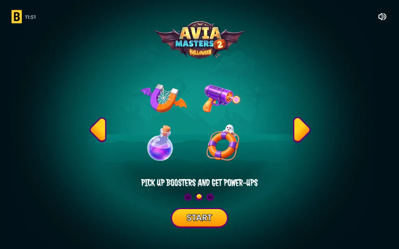 Aviamasters 2 Halloween intro card showing the magnet, laser gun, potion and lifebuoy boosters