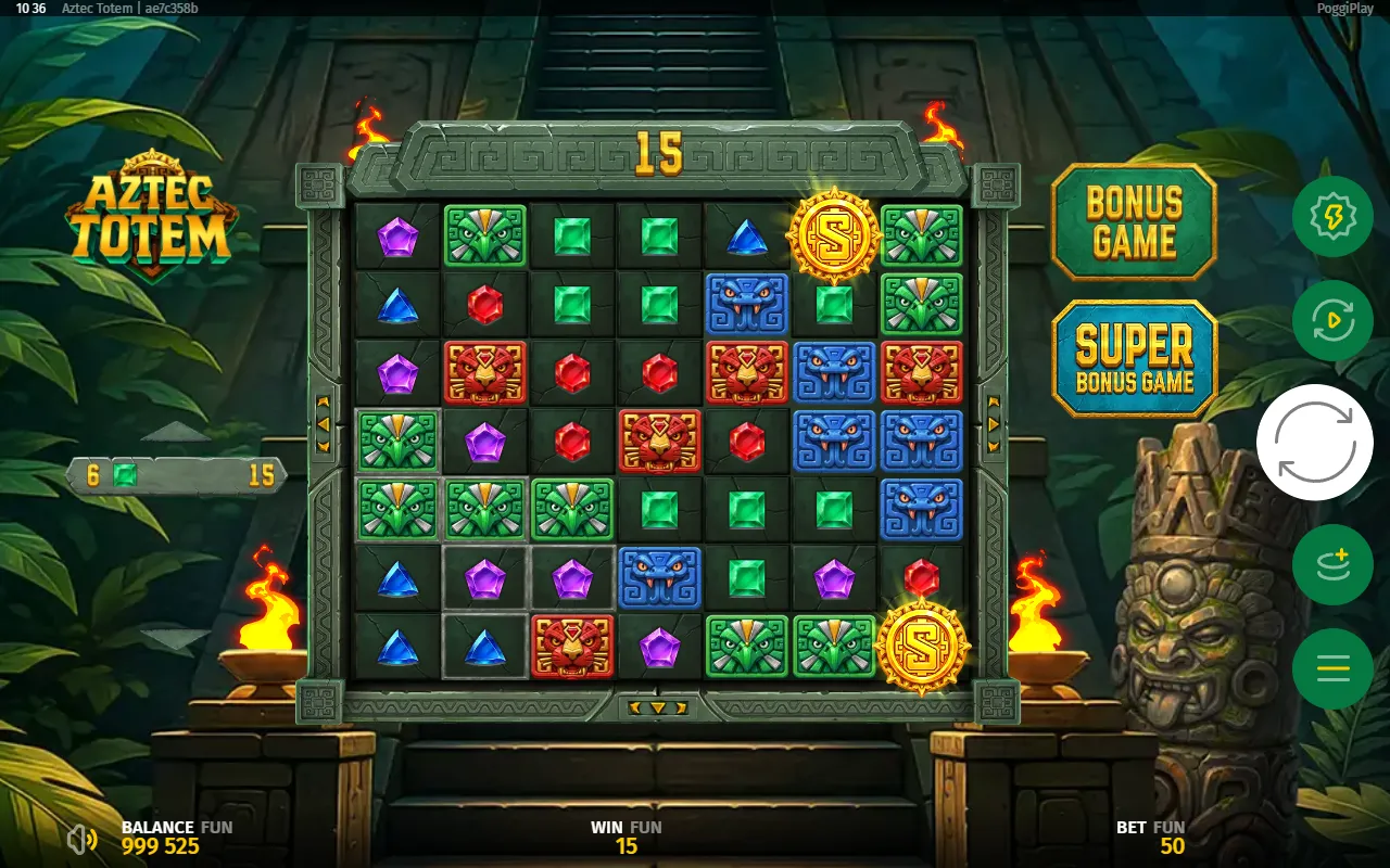 Two gold scatters on the Aztec Totem grid beside a small green crystal win