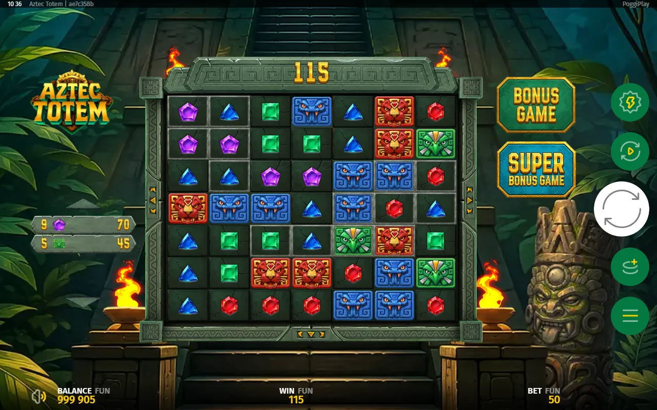 Two cluster wins in one Aztec Totem base spin, nine purple crystals and five green stone masks