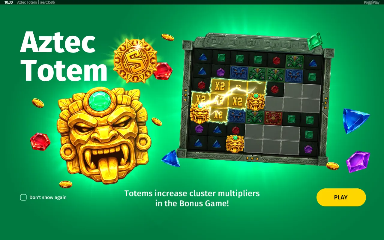 Aztec Totem welcome slide showing Totem symbols raising cell multipliers in the Bonus Game