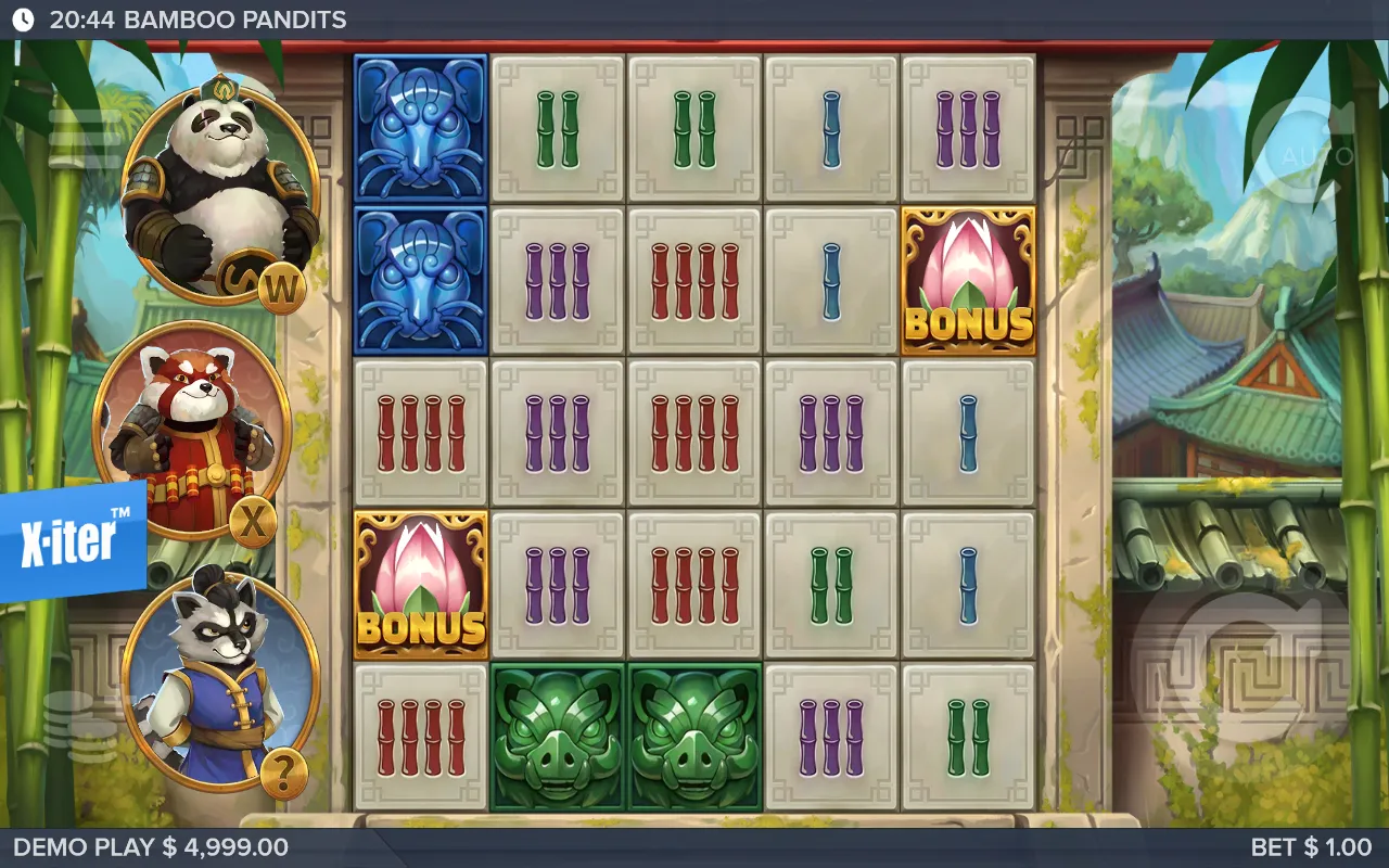 Bamboo Pandits 5x5 grid with two pink lotus Bonus symbols, one short of the free spins trigger