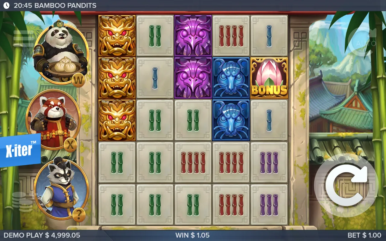 Bamboo Pandits base game with three gold masks stacked on the first reel and the panda holding a plate of dumplings