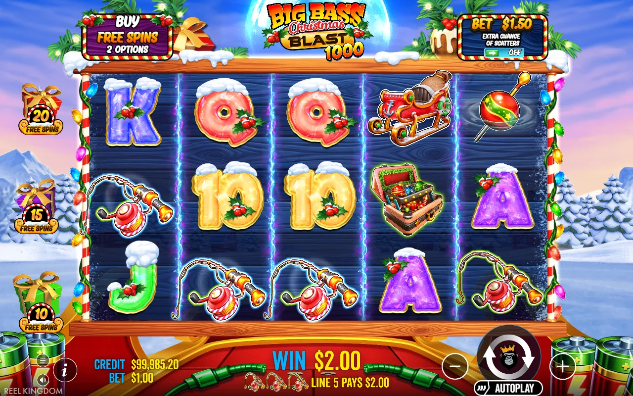 Three fishing rods paying on line 5 in Big Bass Christmas Blast 1000
