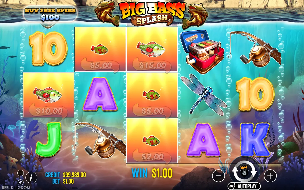 Big Bass Splash base game line win from three fish symbols on one payline