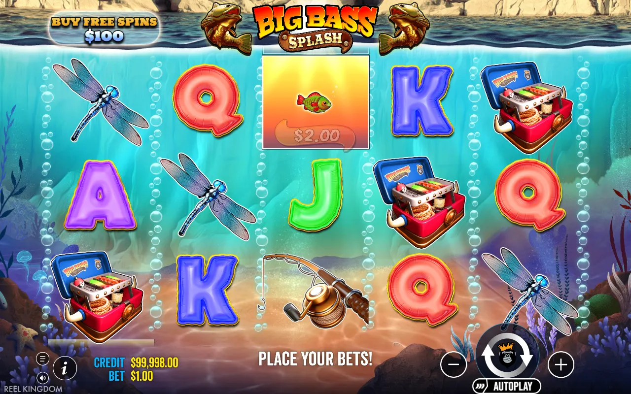 Big Bass Splash base game board with one fish money symbol showing a cash value on the middle reel and no win