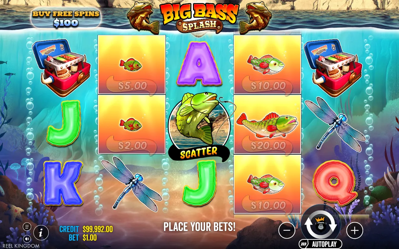 Big Bass Splash base game with a single scatter on reel three and five fish money symbols, paying nothing