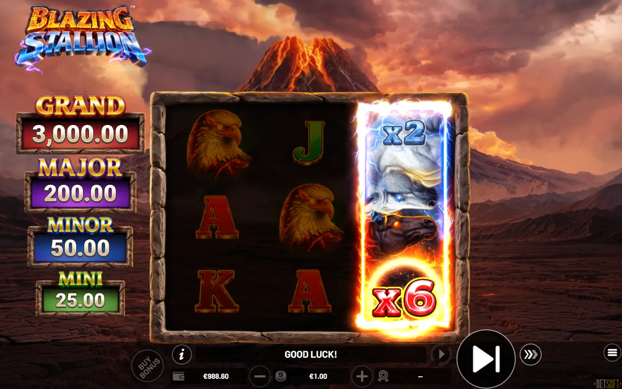 Blazing Stallion Battle Wild expanded on reel 3 with an x2 and an x6 multiplier facing off