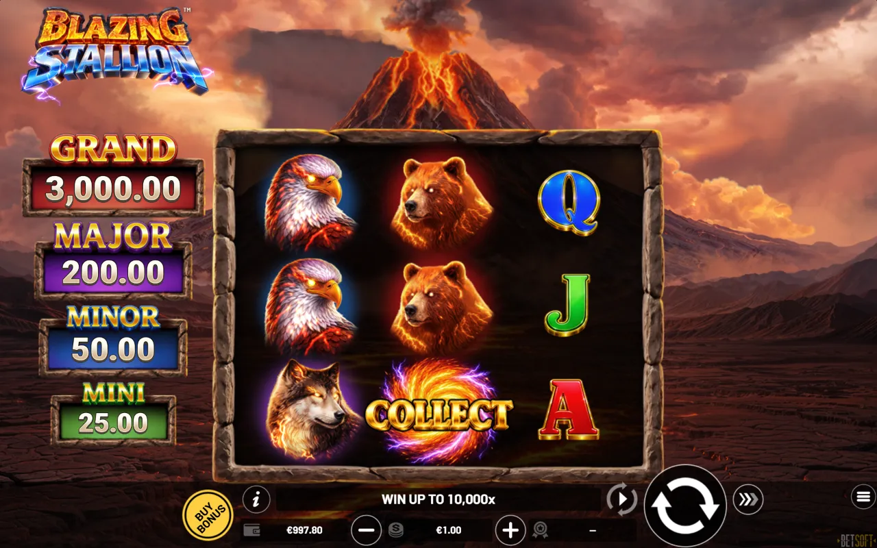 Blazing Stallion base spin with a Collect symbol on the middle reel and no cash coins on reels 1 or 3