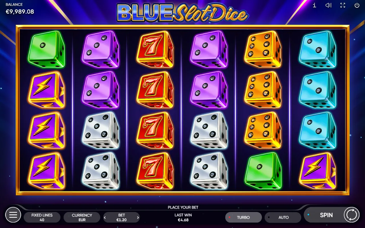 Blue Slot Dice reels with a full column of red sevens on reel 3 and nothing matching on reels 1 and 2