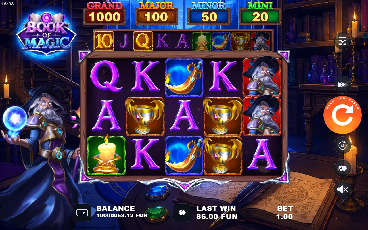 Book of Magic reels with the 10 and Q lit gold in the collection bar above the board