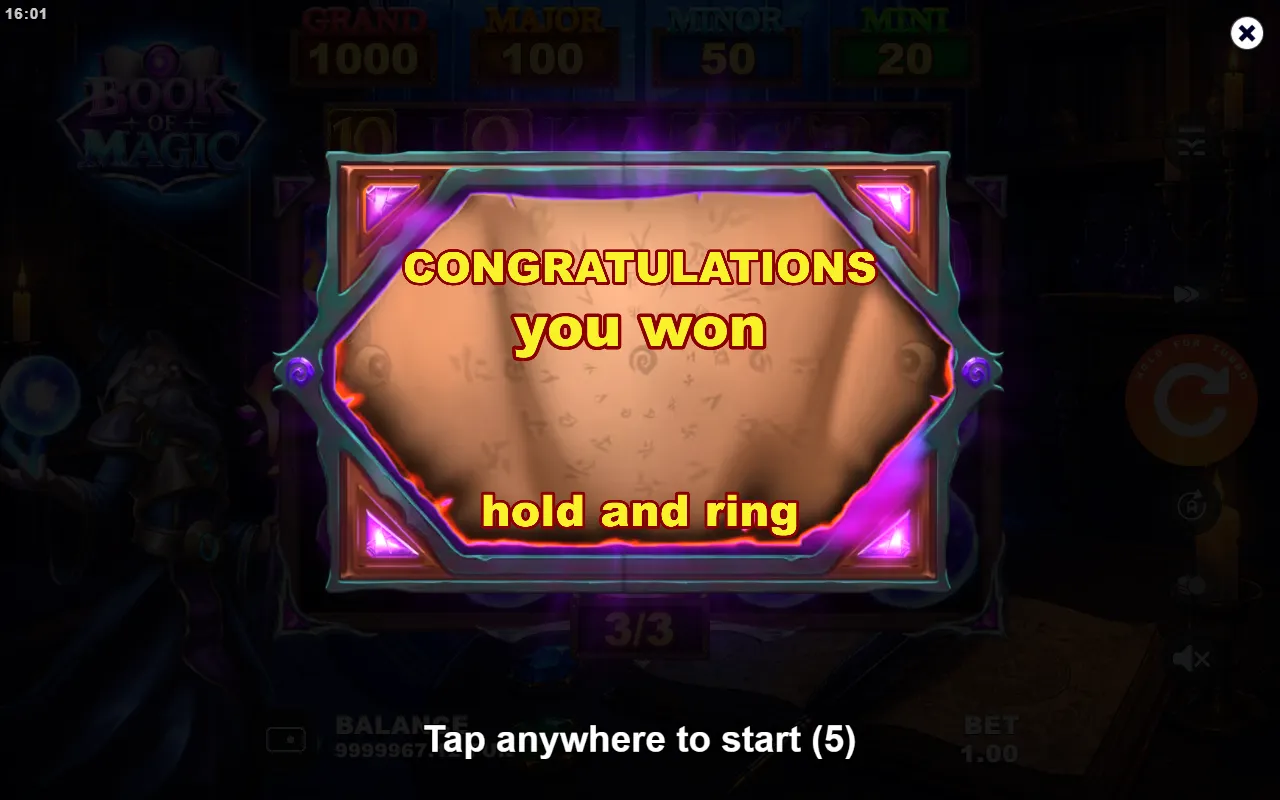 Book of Magic trigger spin with six BONUS balls, two of them MINI jackpots, starting Hold and Ring