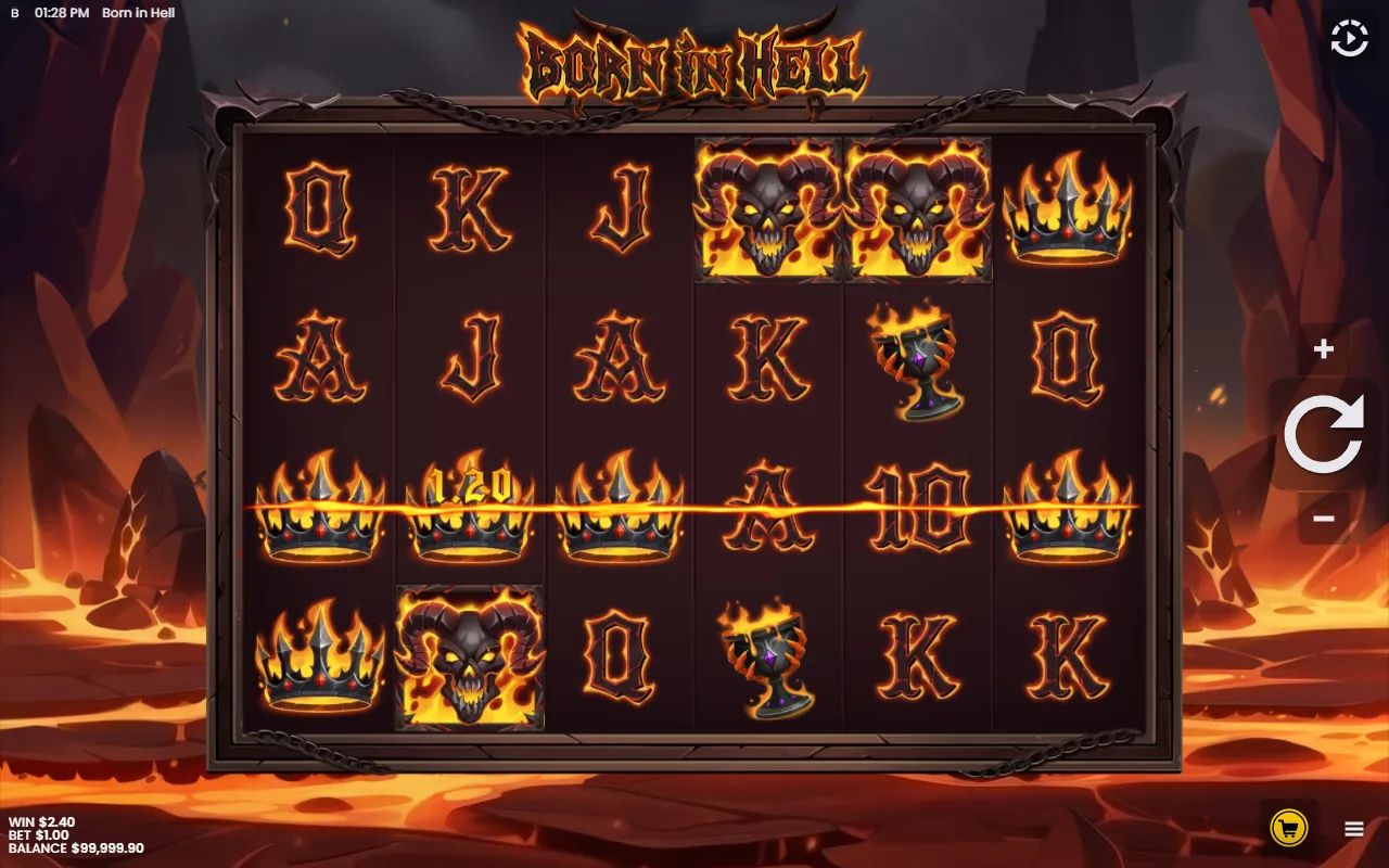 Born in Hell base game spin with three crowns on the left paying on two lines at once