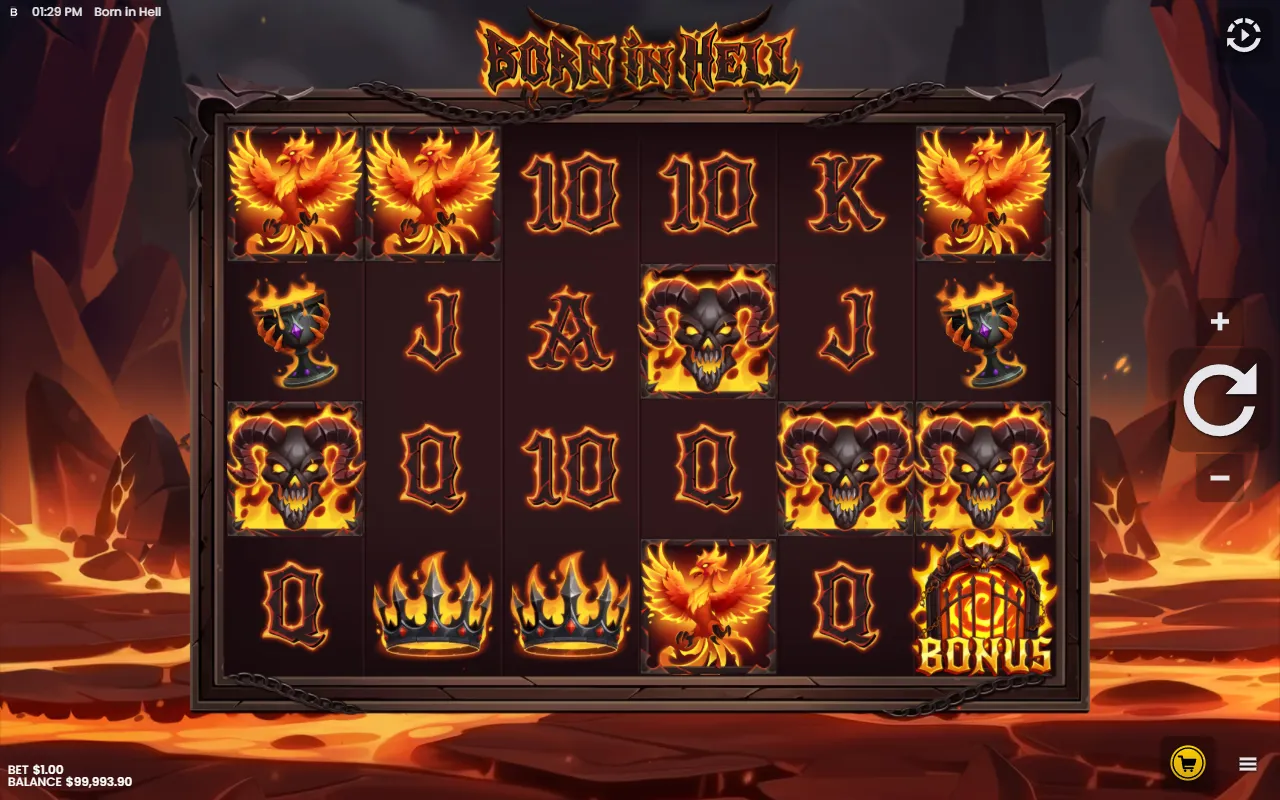 Born in Hell base game board with a single Bonus symbol on the sixth reel and no win