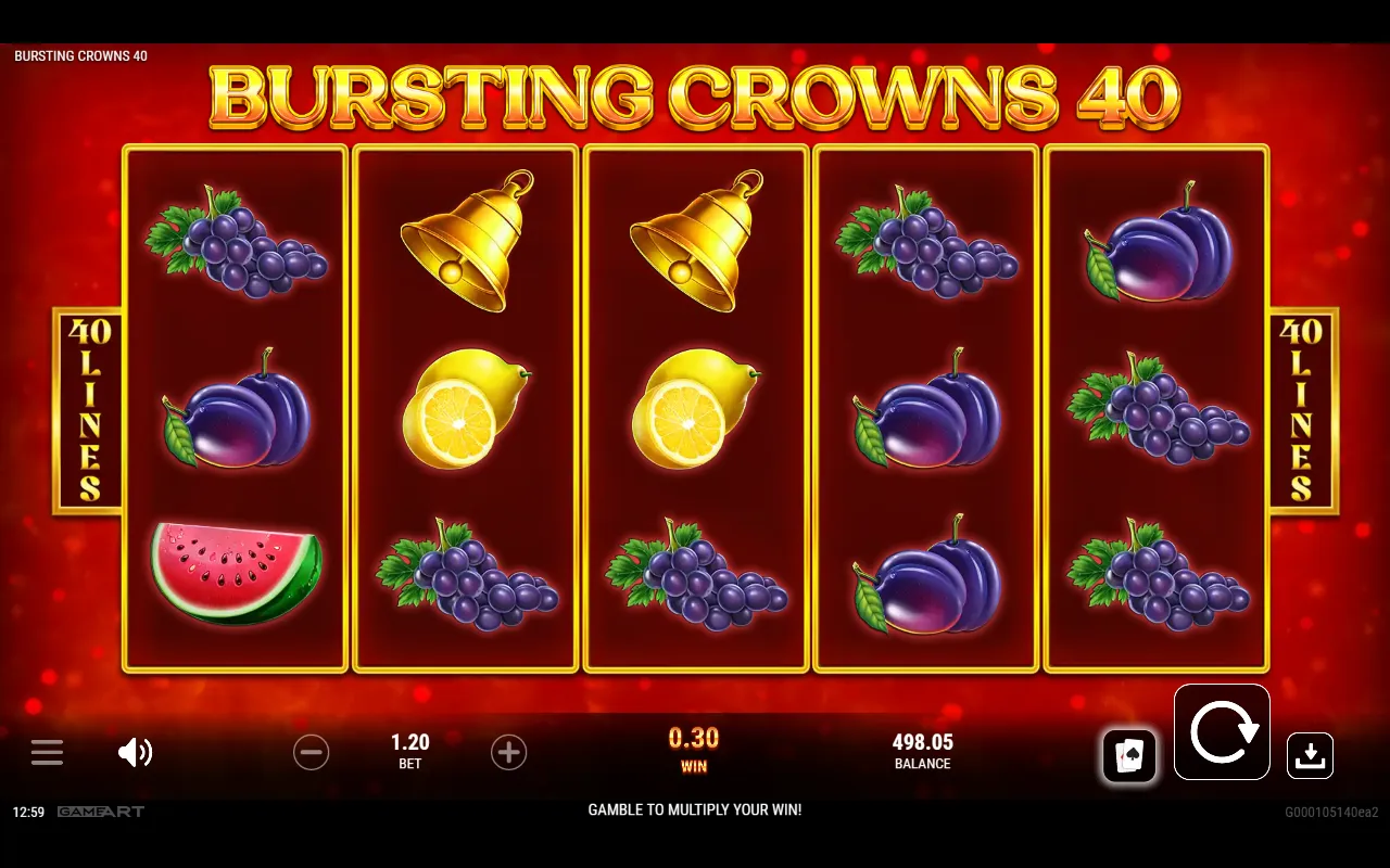 A small win held on screen in Bursting Crowns 40 with the gamble and collect buttons beside spin