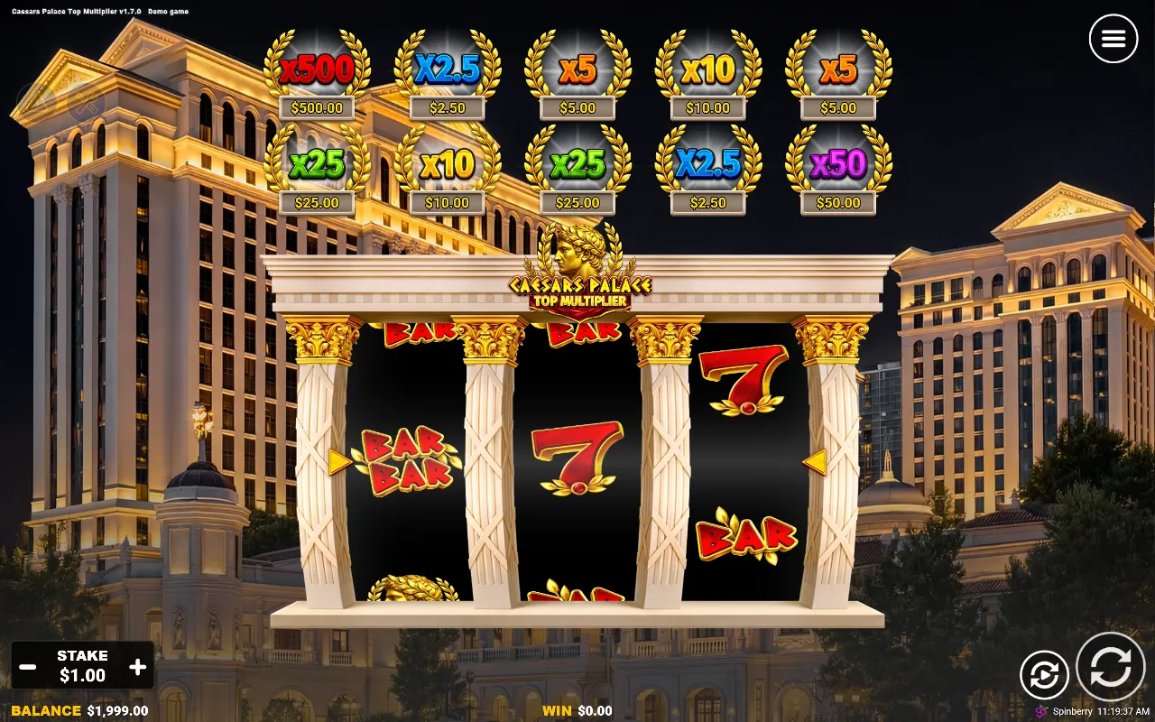 Caesars Palace Top Multiplier base game: three reels inside a temple facade, ten laurel multiplier bills above them