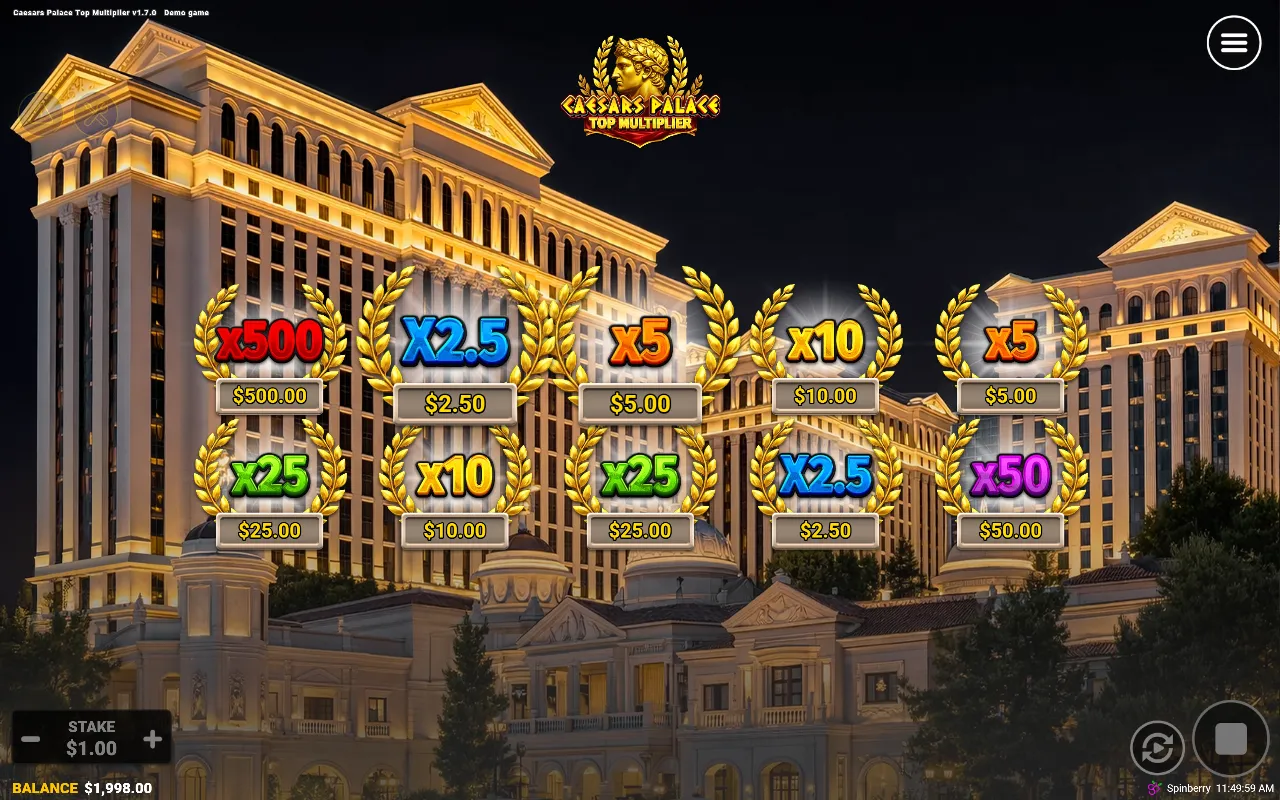 Top Multiplier feature board in Caesars Palace Top Multiplier: ten laurel bills in two rows under the logo
