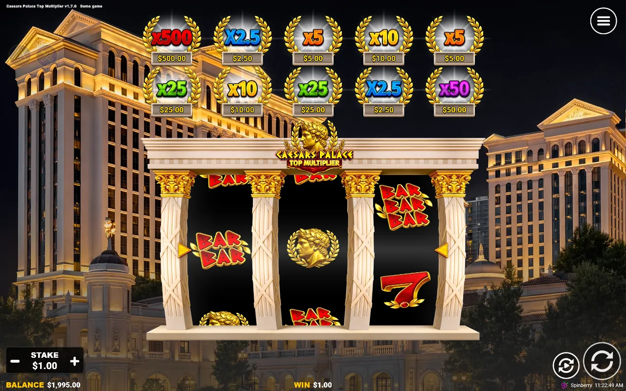 A single Gold Caesar head on the payline of Caesars Palace Top Multiplier with no matching symbols beside it