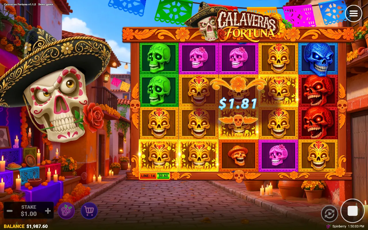Calaveras Fortuna board stacked with yellow skulls, a payline highlighted across the reels