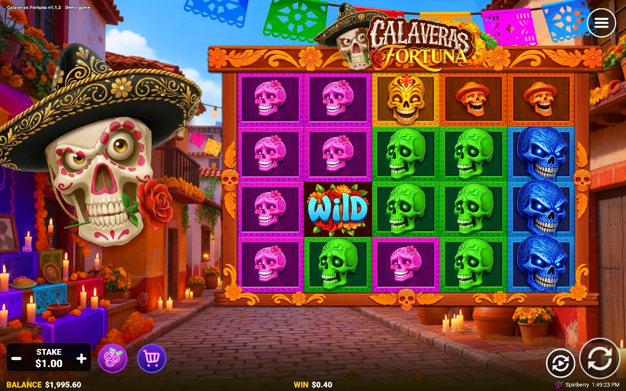 Calaveras Fortuna base game board with a single wild on reel 2 among pink, green and blue skulls