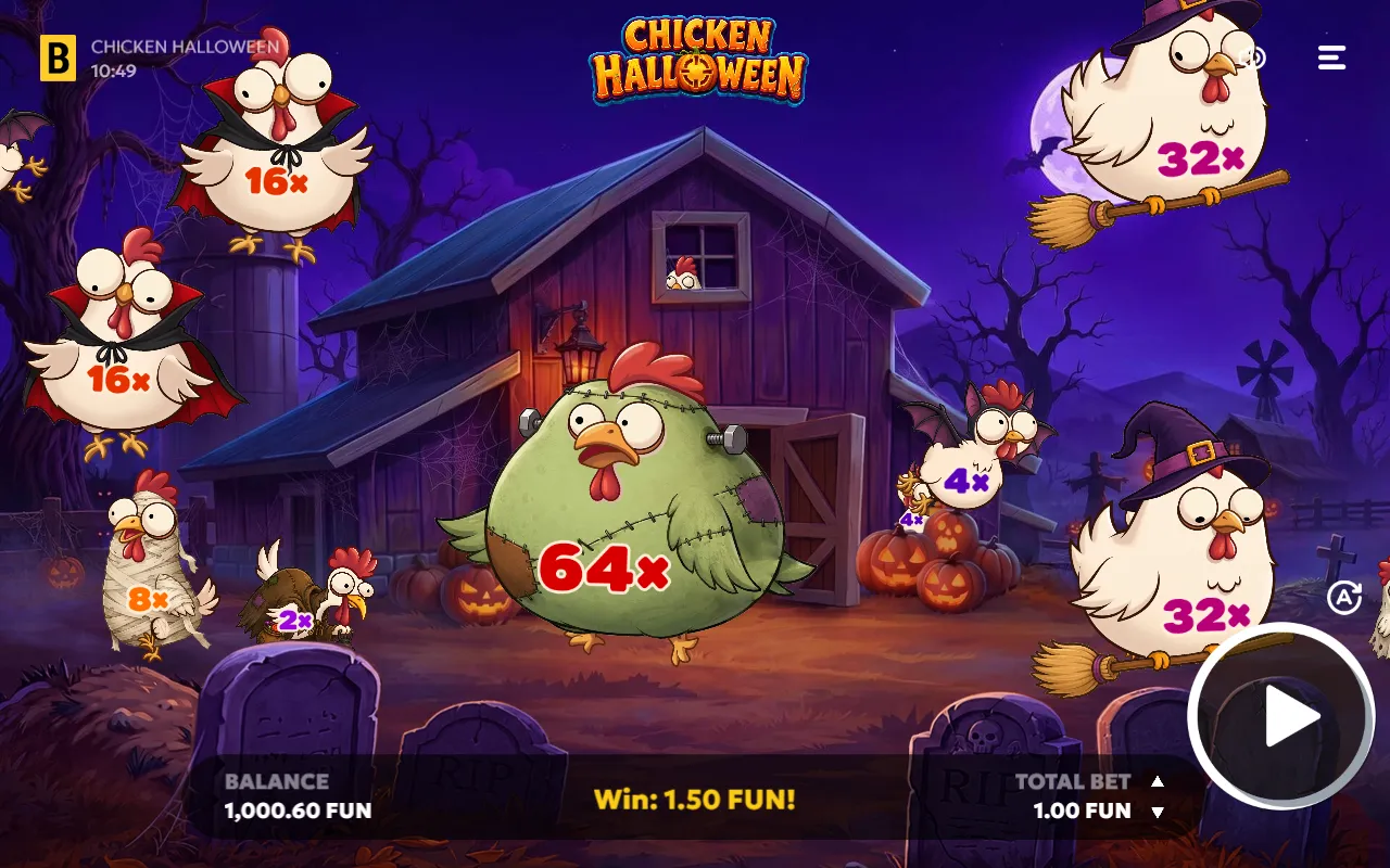 Chicken Halloween farmyard with the 64x Frankenstein chicken in the middle and a 1.5x win on the panel