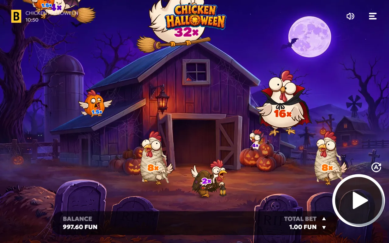 Chicken Halloween board after a missed shot, no win shown and the balance slightly lower