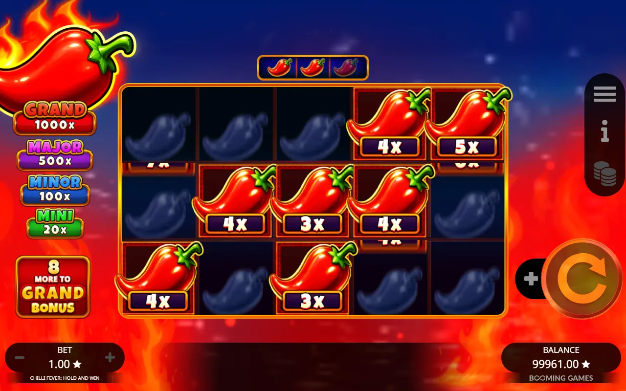 Chilli Fever Hold and Win bonus on the 5x3 grid with seven held chillies and 8 more to the Grand