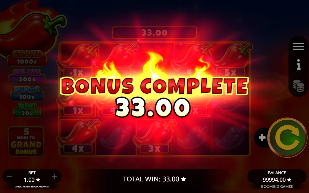 Chilli Fever Hold and Win bonus complete screen showing 33.00 on a 1.00 bet with five cells still empty