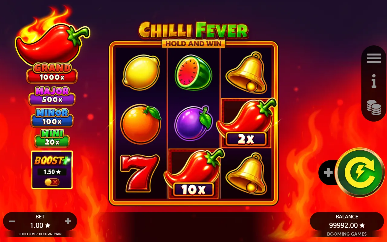 Chilli Fever Hold and Win base game board with a 10x chilli on reel 2, a 2x chilli on reel 3 and none on reel 1