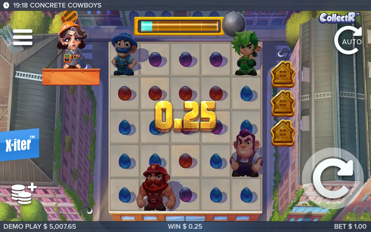 Concrete Cowboys 5x5 board full of blue gems with the blue builder walled in at the top corner