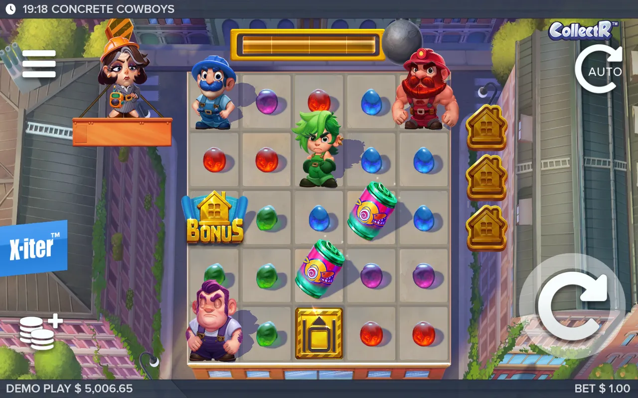 Concrete Cowboys base game board with one gold Bonus house, two Transform cans and a Level Up plate