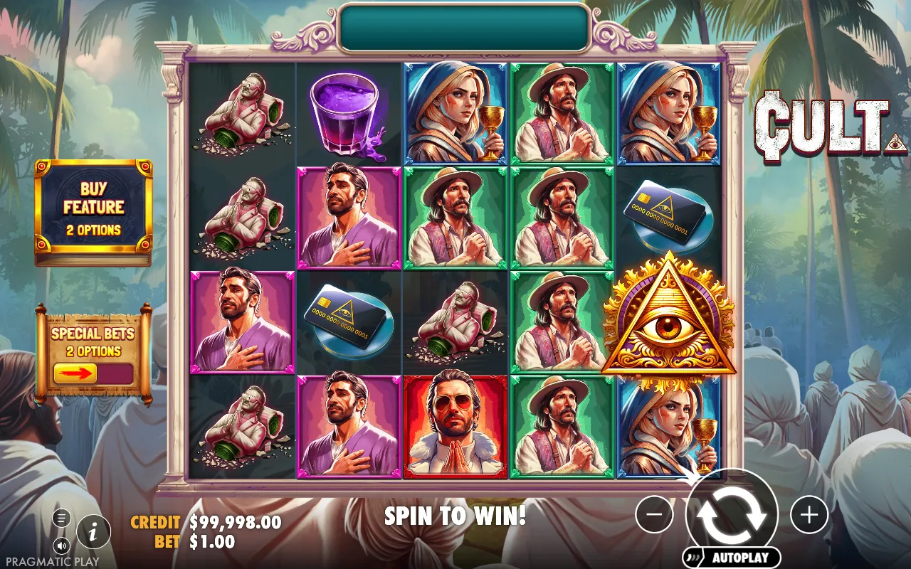 Cult base game spin with a full reel of the man in the hat on reel four and no win