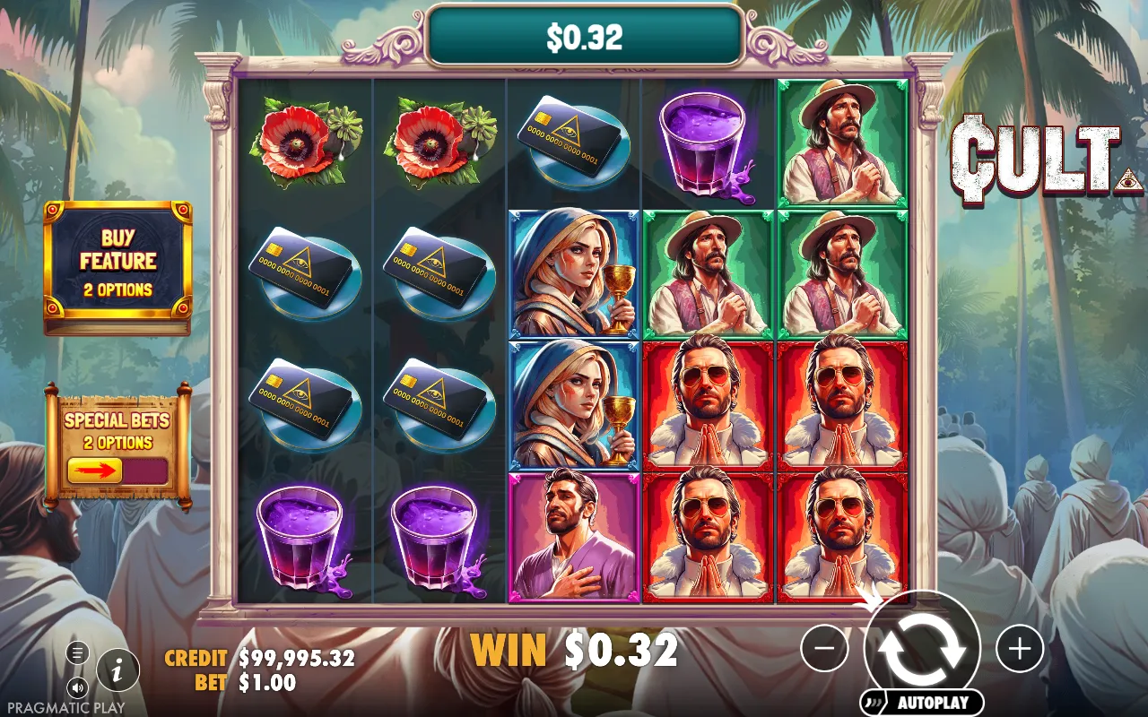 Cult base game win from two lines of three credit cards