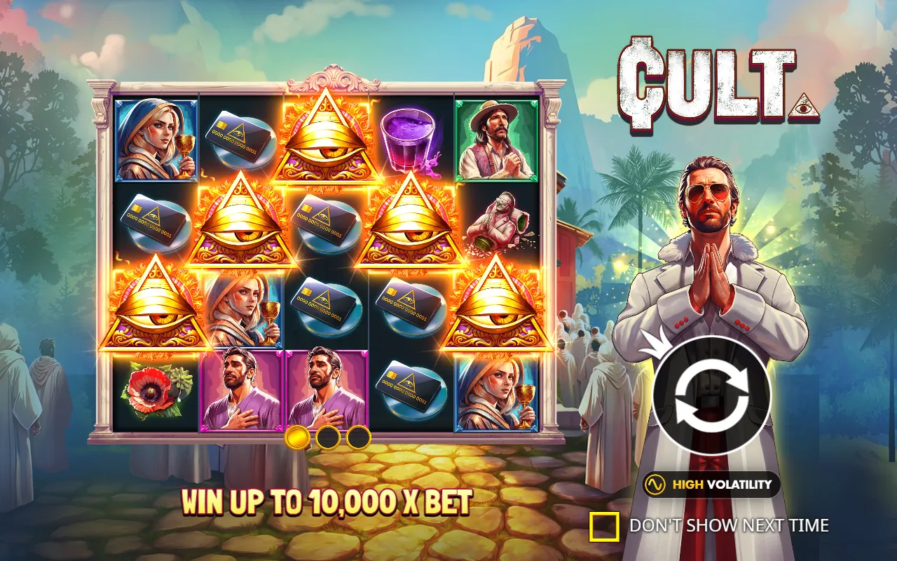 Cult loading screen with five eye scatters on the grid and the 10,000x max win
