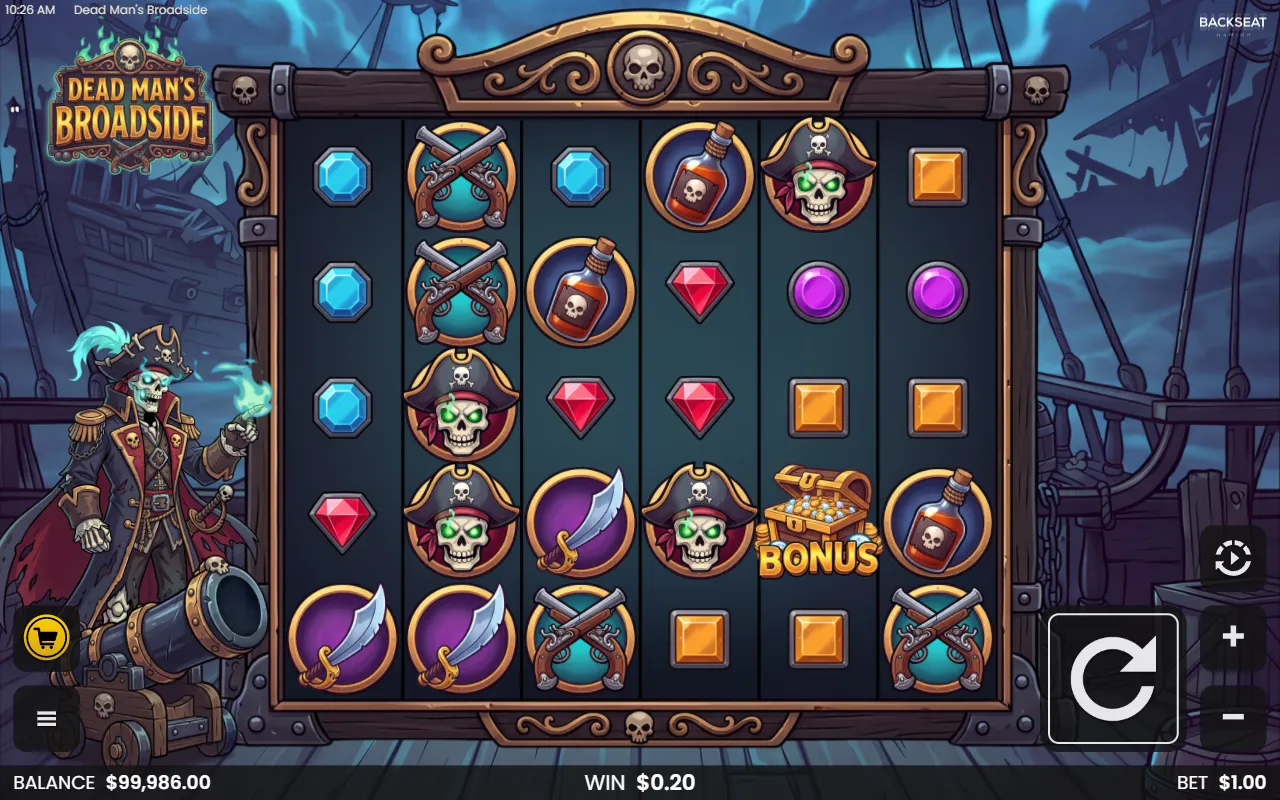Dead Man's Broadside base spin paying 0.2x with one treasure chest on the fifth reel