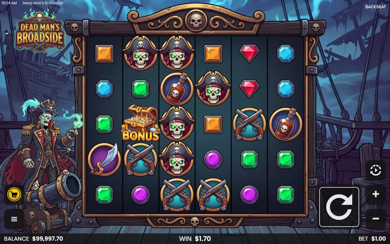 Dead Man's Broadside board after a double tumble with a 1.7x win and one chest on reel two