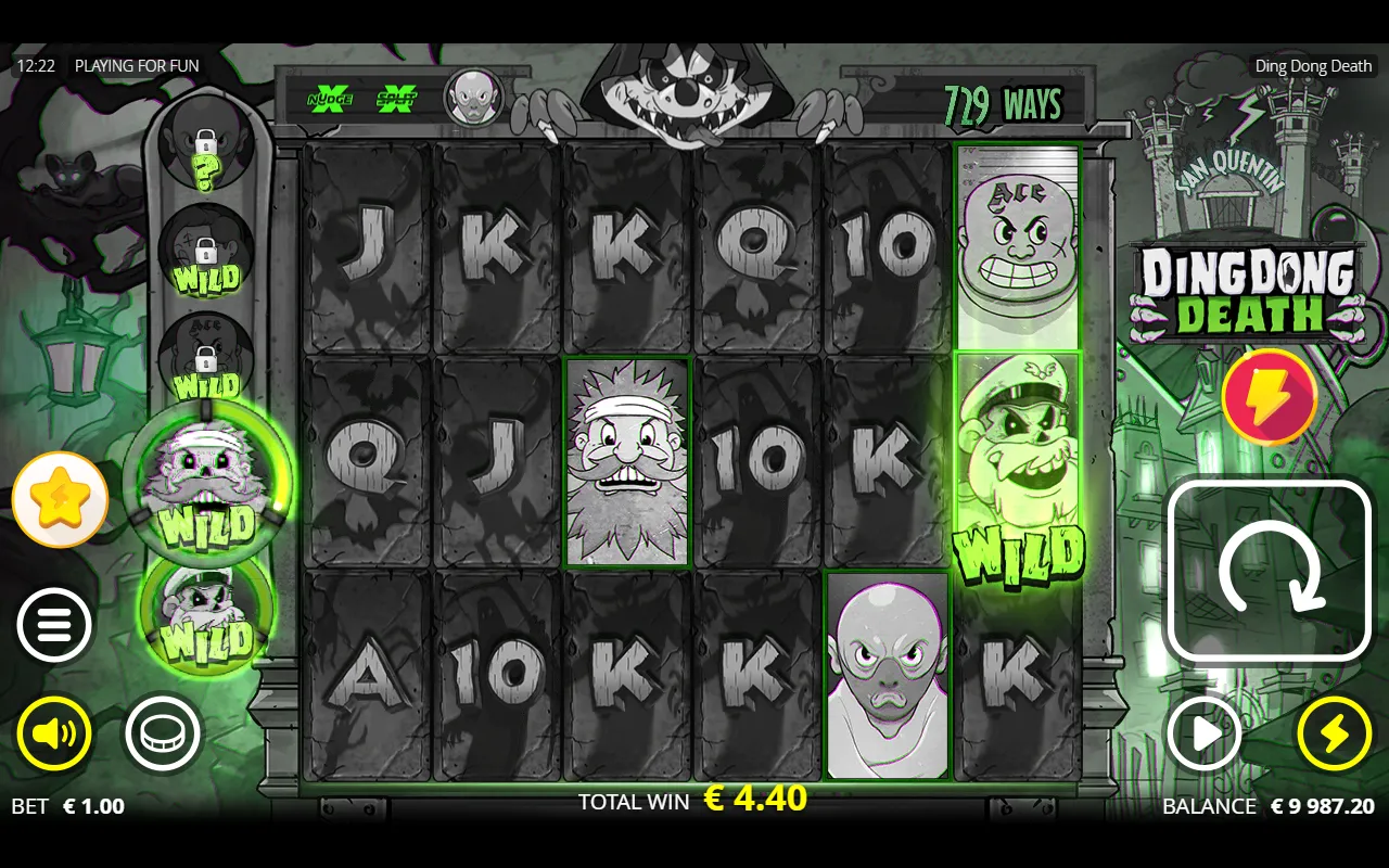 Ding Dong Death base game with the first Death Meter ring lit and the Captain turned Wild on reel 6