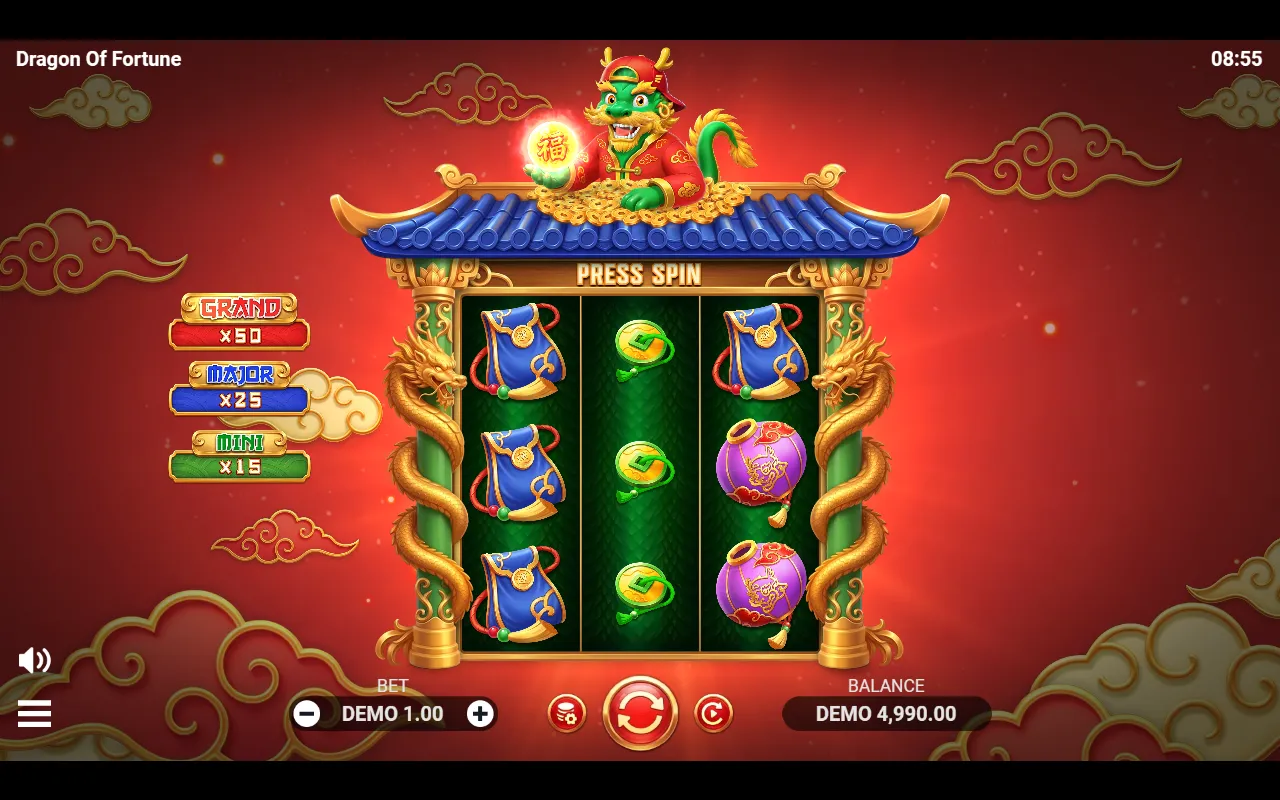 Dragon of Fortune board with reel one full of blue pouches and reel two full of single coins, no win and no Re-Spin