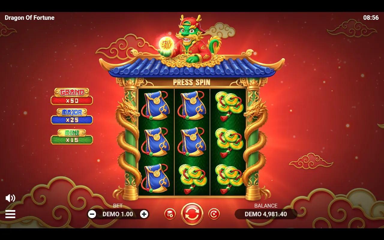 Dragon of Fortune board with reel one full of blue pouches and reel two holding two blue pouches and one red-tassel coin, no Re-Spin