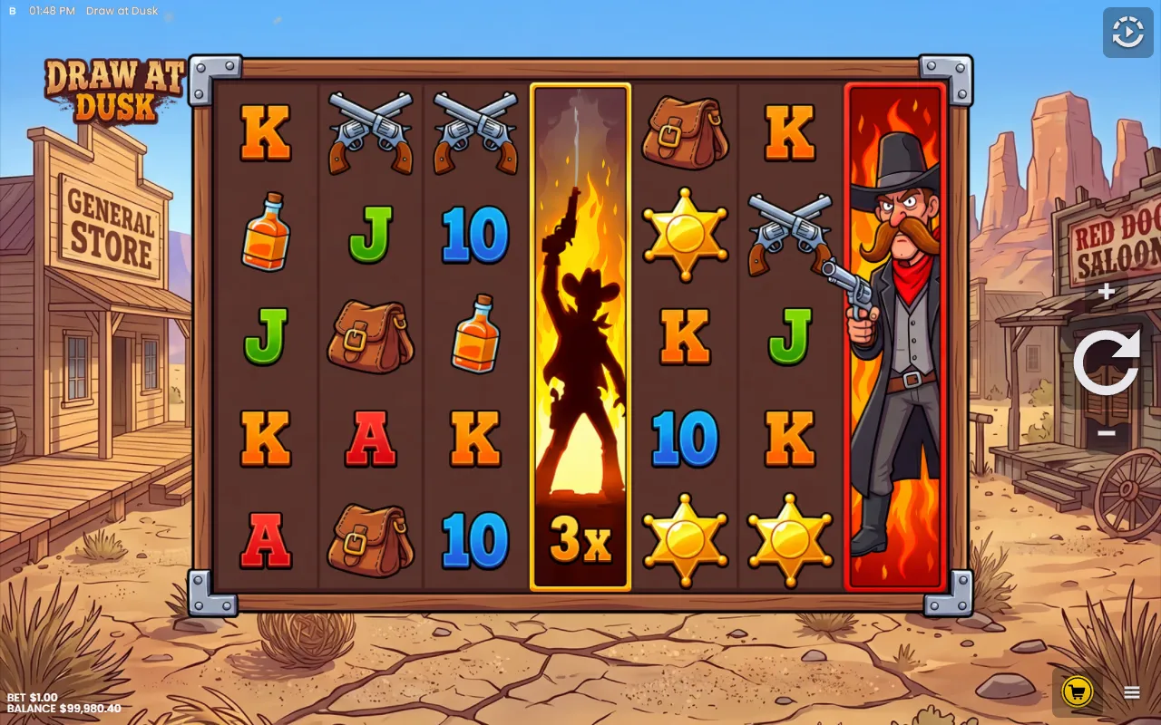Draw at Dusk base game: Deadshot Vance on reel 7 places a 3x Wild Reel on reel 4 and nothing connects
