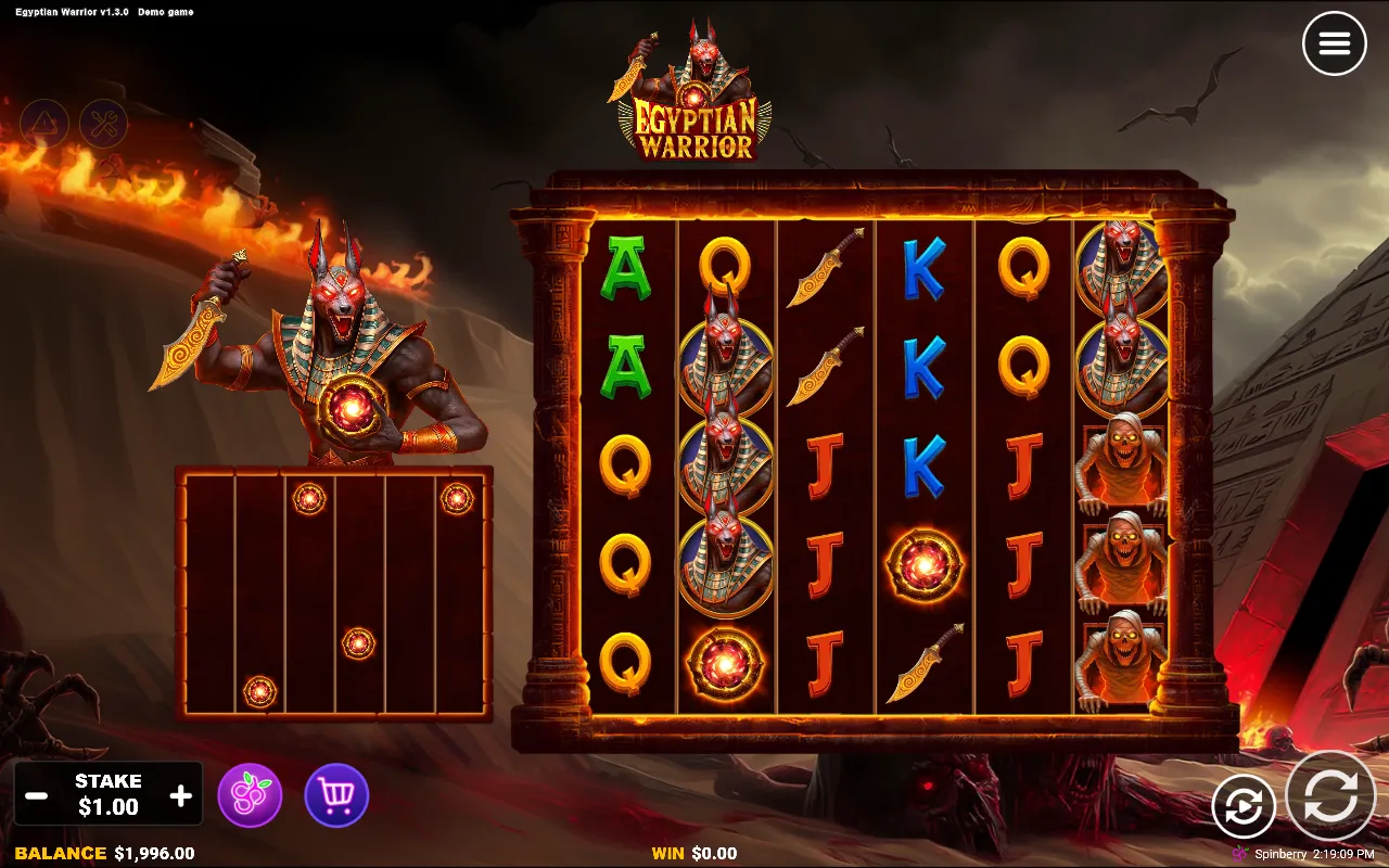 Egyptian Warrior base game with two red orbs on the reels and the first segments of the collection matrix lit