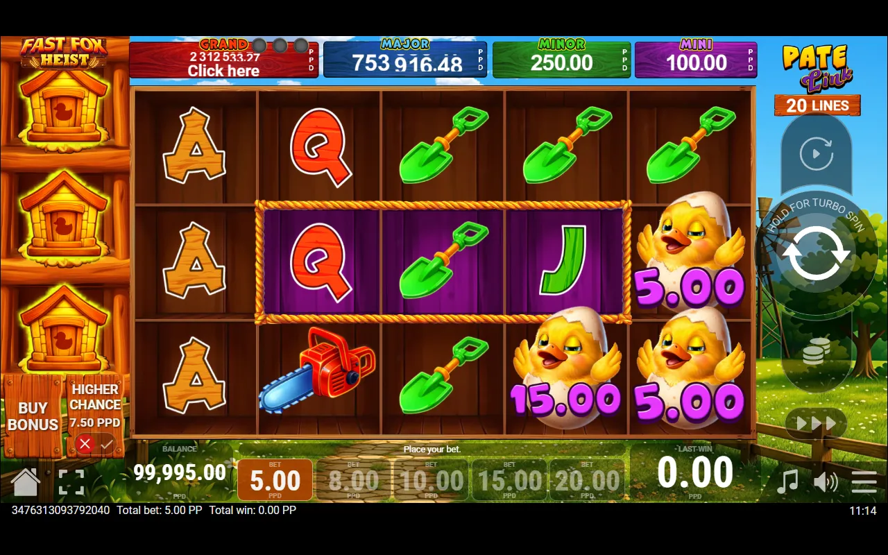 Three golden ducklings on reels 4 and 5 with no fox anywhere on the board