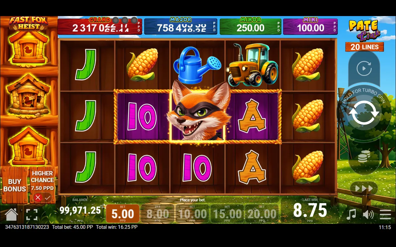 A masked fox on the middle of reel 3 with its zone lit across all five reels and no duckling on the board