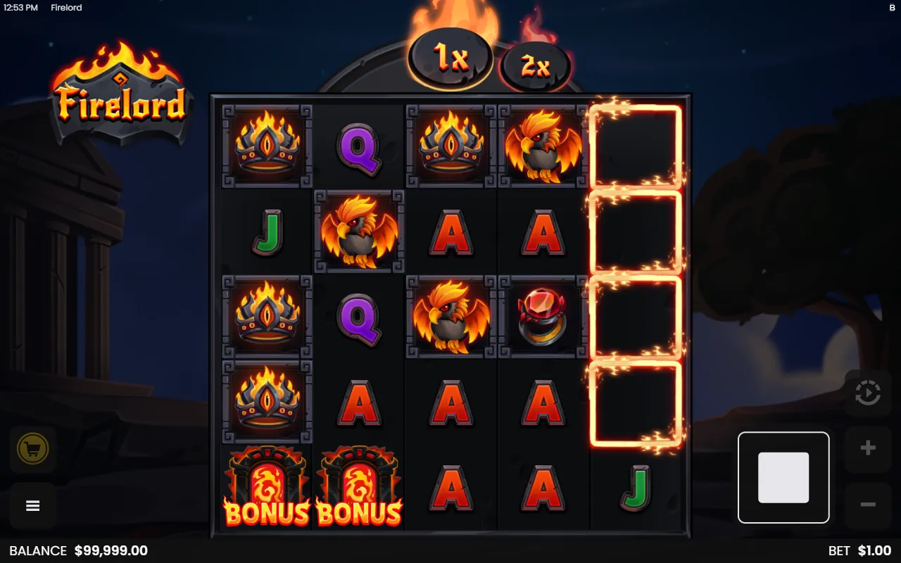 Firelord base game spin with two Bonus symbols on the first two reels and the fifth reel lit for anticipation