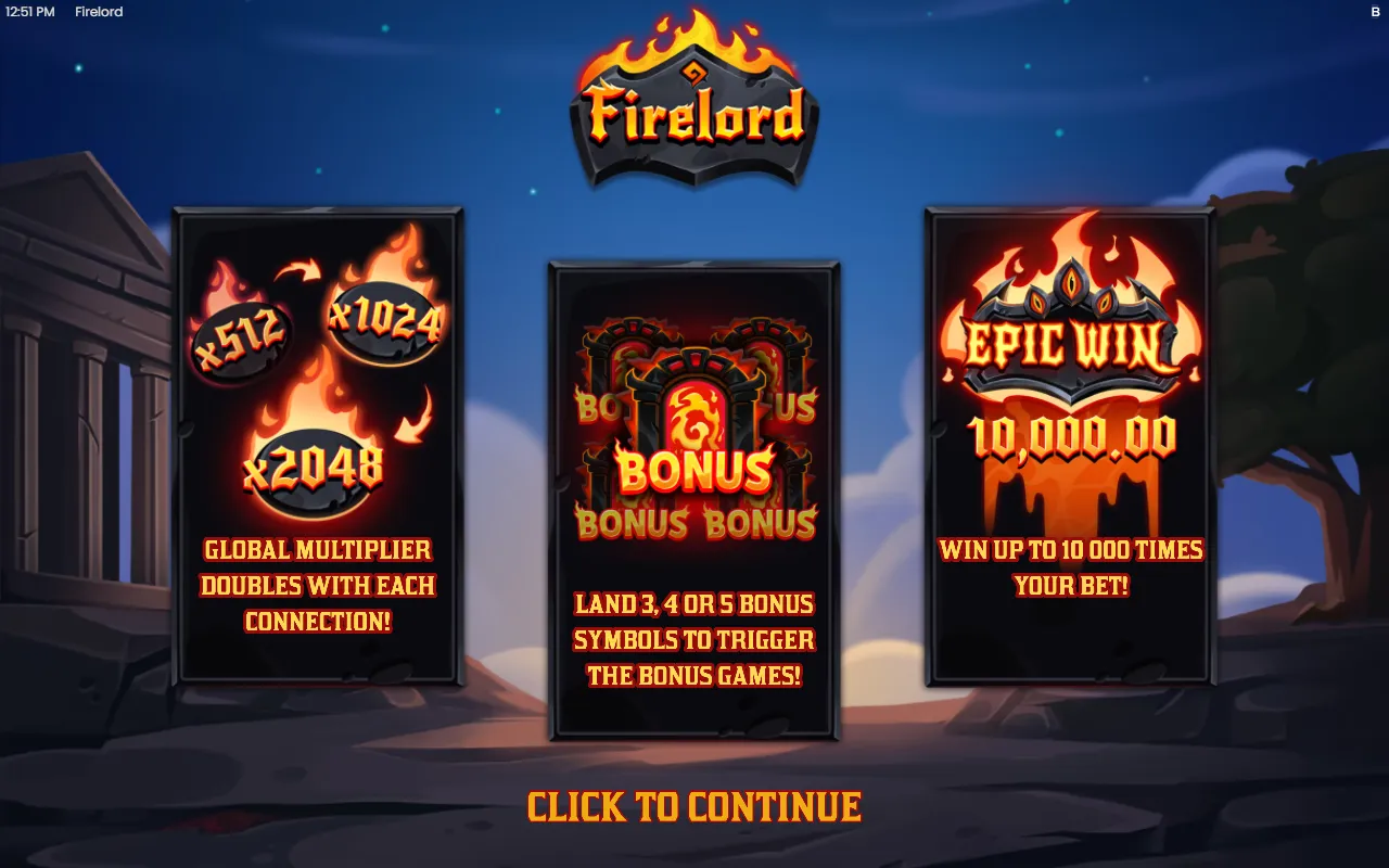 Firelord splash screen showing the doubling global multiplier discs and the Bonus symbol trigger