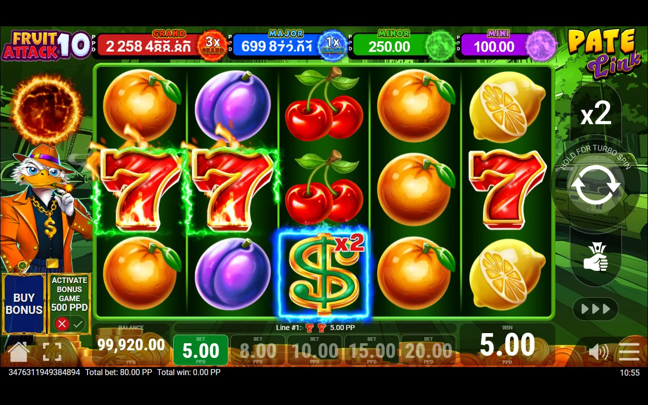 Two sevens on line 1 paying a small line win in Fruit Attack 10 Pate Link