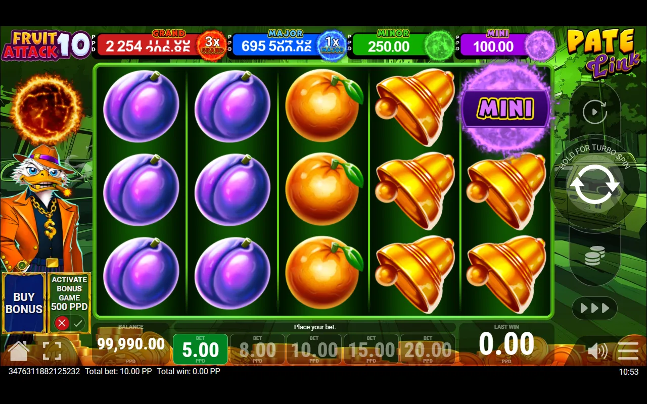 A purple Mini jackpot sun on reel 5 in the base game of Fruit Attack 10 Pate Link